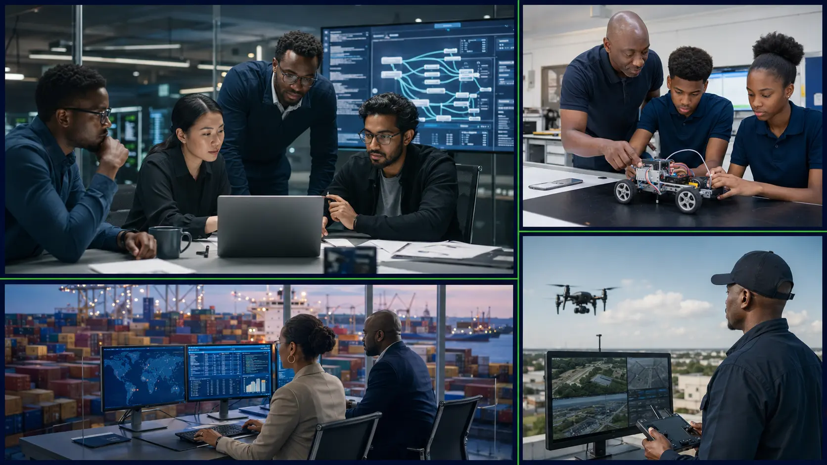 Venture teams working across AI, STEM education, trade technology and smart security in distinct editorial panels
